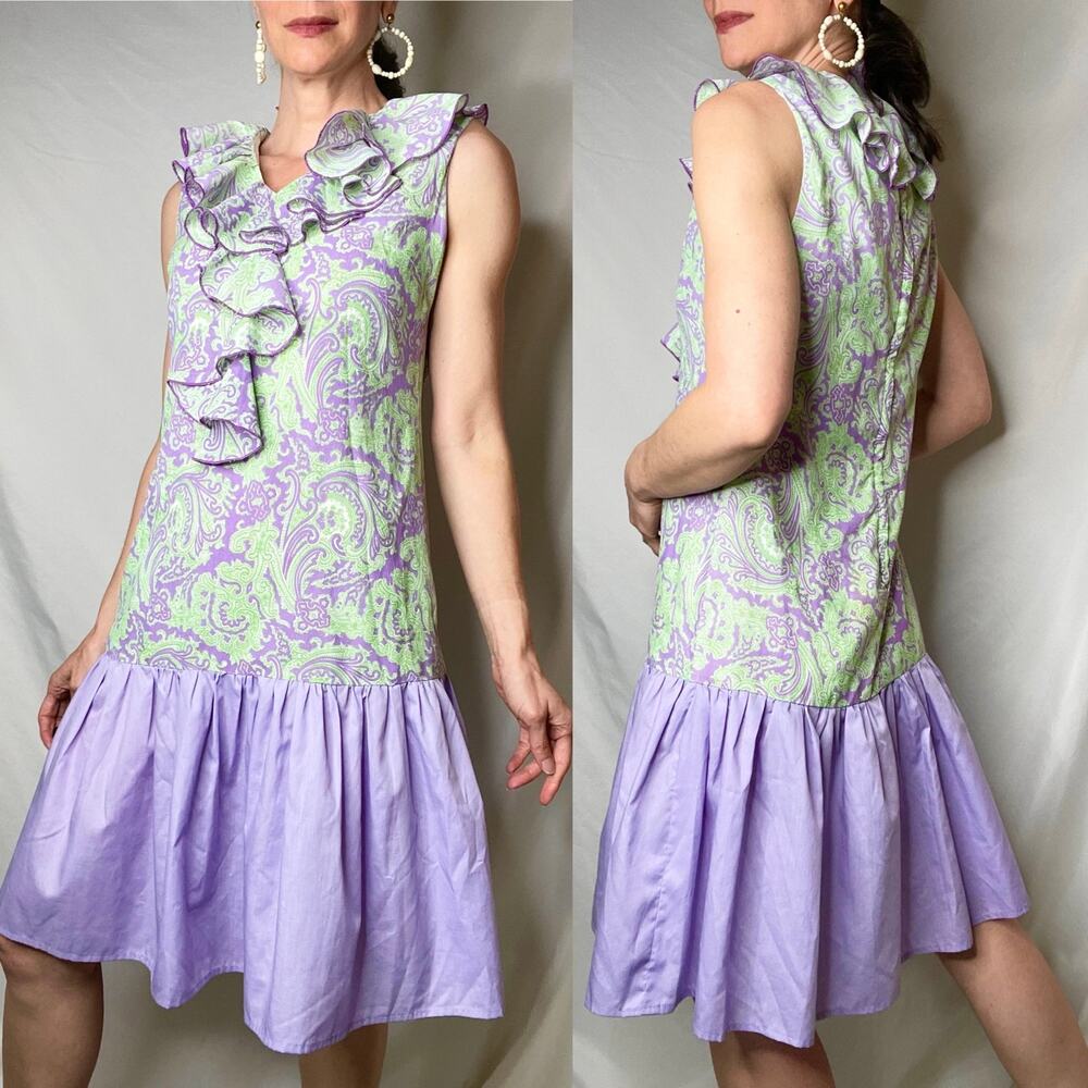 Vintage 60s ruffle front paisley print drop waist midi dress lilac purple green